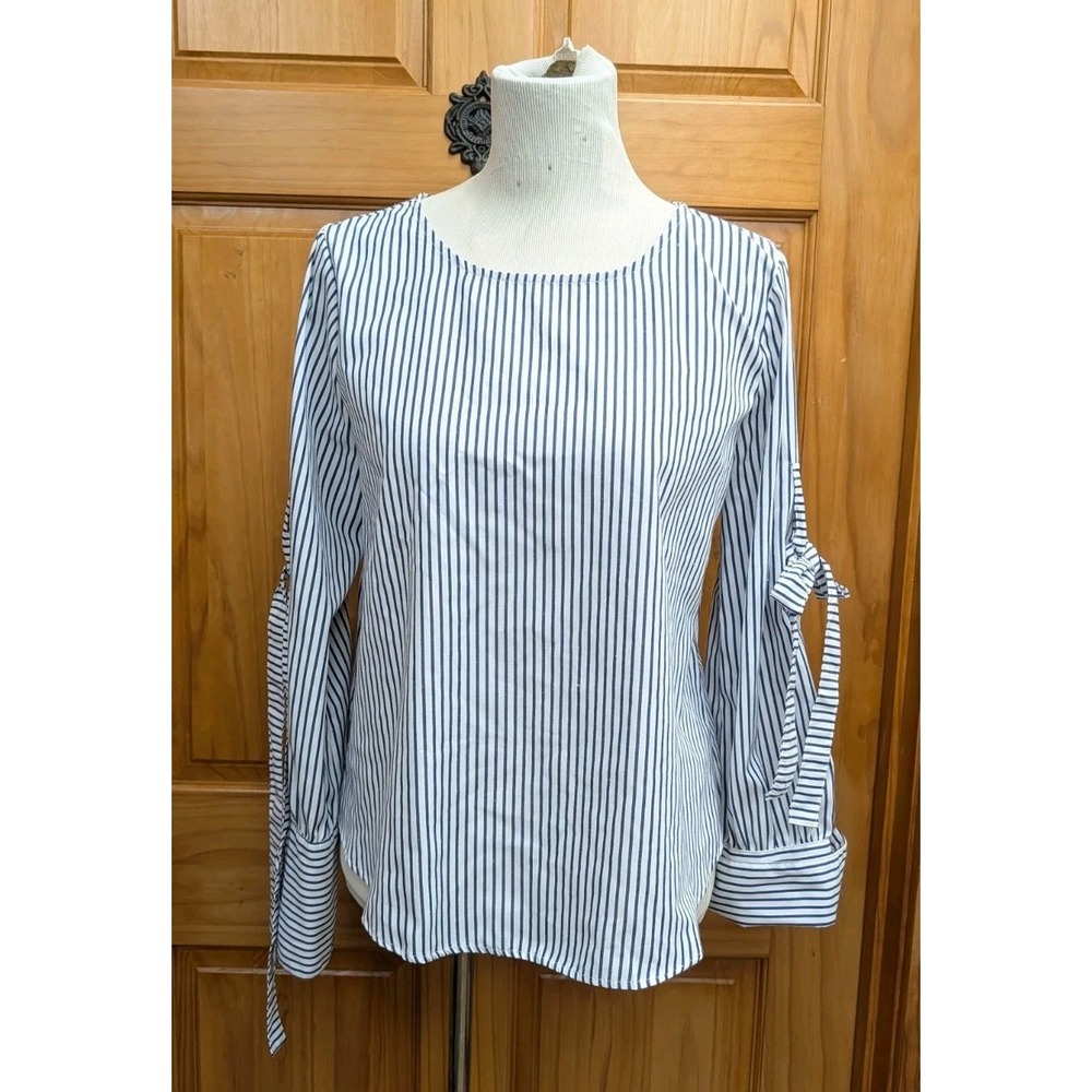 Sweet Wanderer Women's Large Top Navy White Strip Workwear Bow on Sleeve Blouse